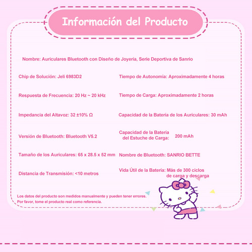 Auriculares Inalámbricos Bluetooth Color Kitty Cat Sanrio Js-0168 audifonos con microfono Bluetooth 5.2 comodidad y batería de larga duración