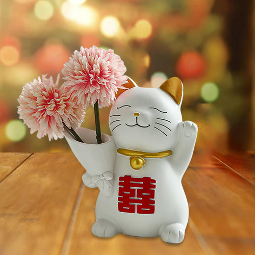 Gato Estatua Florero Flor Rosa Flor Rosa 14cmx8cmx16cm