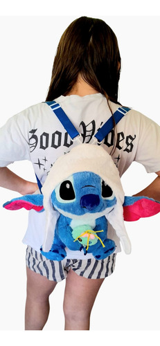 Mochila Stitch De Peluche 39x25 Cm Con Gorro Muñeco Scrump Azul