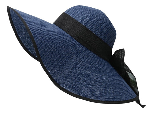 Sombrero De Paja Para Mujer, Con Protección Uv, Plegable Azul Marino Con Lazo Negro Talla Única
