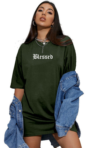 Camiseta Oversized Blessed Frase Grafitado Blusa Moderna