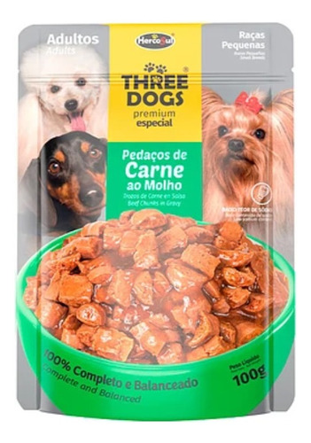 Pack 12 Sachet Three Dogs Razas Pequeñas Carne 100g