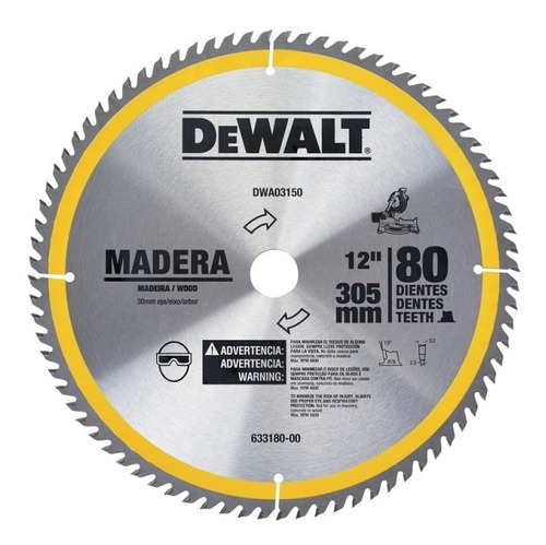 Disco De Corte 12'' Para Madera Con 80 Dientes Dewalt A03150