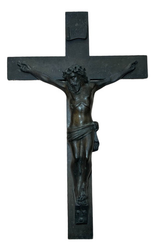 Crucifixo Antigo Com Jesus Cristo E Cruz Em Bronze 55cm  