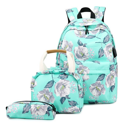 Kit Mochila Feminina Com Estojo E Lancheira Floral Guelph Cor Verde-claro