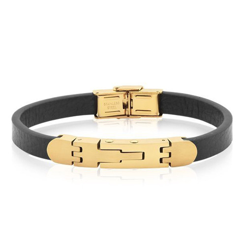 Pulseira Masculina Bracelete Couro E Aço Dourado Zarpellon