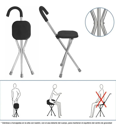 Baston Con Asiento Para Descaso Plegable De 3 Apoyos Negro