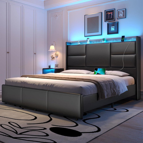 Base De Cama Con Cabecera Con Almacenamiento Negra King