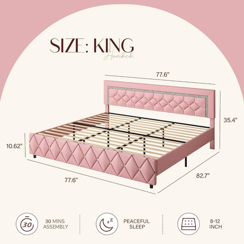 Bed Frame King Size C/ Cabecera Capitonada Hombck Rosado