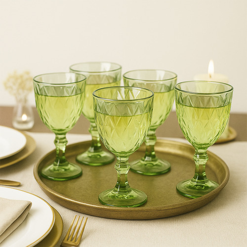 Set X6 Copas Vidrio Verde Tallado Dakota Elegante Estilo Vintage Resistente