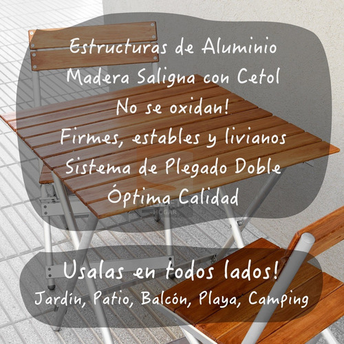 Imagen 3 de 10 de Mesa Plegable Aluminio Madera 75x66 + 2 Sillas Balcon Jardin