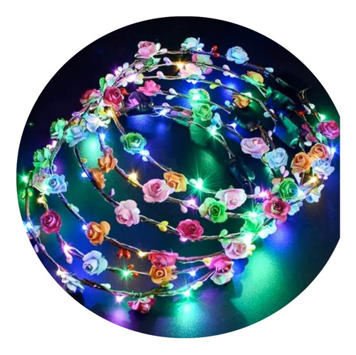 Vincha Flores Hippie Led Tiara Corona Hawaiana Cot Luminoso Color Multicolor