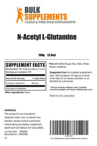Bulk Supplements | N-acetyl L-glutamine | 100g | 200 Servic