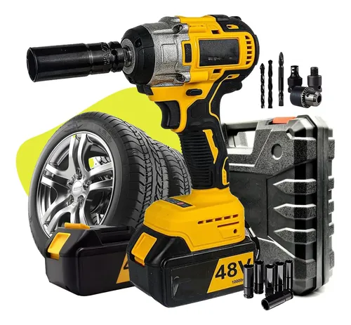 Chave De Impacto Profissional Led 2 Baterias 48v Com Maleta + 10 Acessórios 360nm 2300rpm Cor Amarela