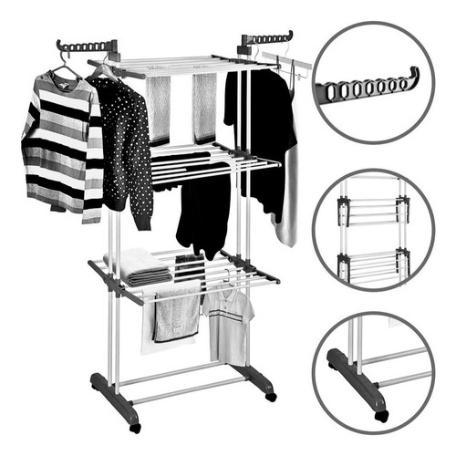 Varal De Chão Grande Para Roupas 3 Andares Dobrável Cinza