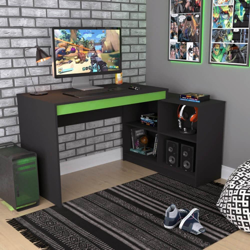 Mesa Escrivaninha Gamer Com 4 Nichos B24 - Preto/verde Cor Preto