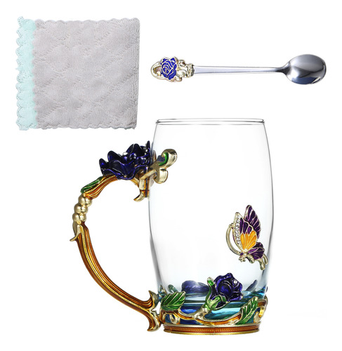 Taza De Agua Artesanal Esmaltada Azul Con Asa