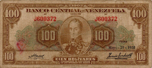 Billete 100 Bolívares 29 De Mayo 1958 Serial J6