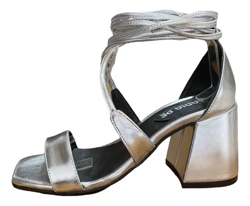 Sandalias Romanas Plata Plateadas Con Taco Cuadrado De Cuero