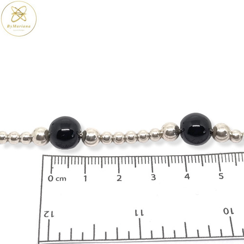 Imagen 6 de 7 de Pulsera Plata Bolitas Y Piedras Naturales Negras X 20cm