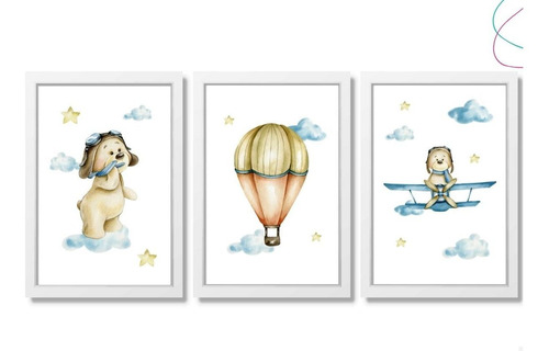 3 Quadros Decorativos Infantil Ursinho Aviador Aquarela