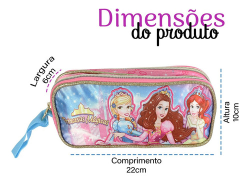 Estojo Escolar Princesas Mágicas Com 2 Compartimentos Cor Rosa Liso