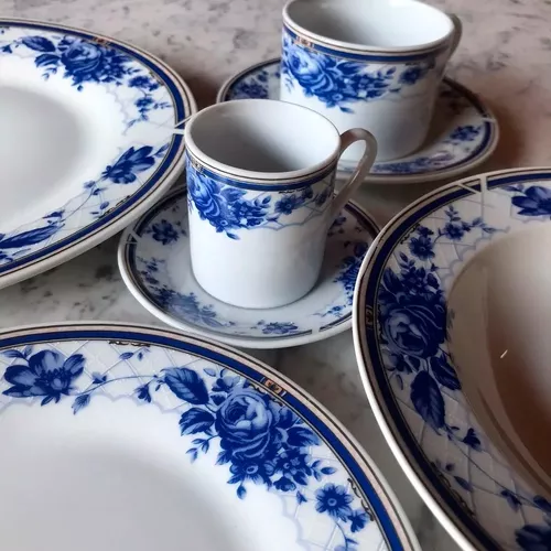 Jogo Aparelho De Jantar Porcelana Floral Azul - Kit 42 Pçs