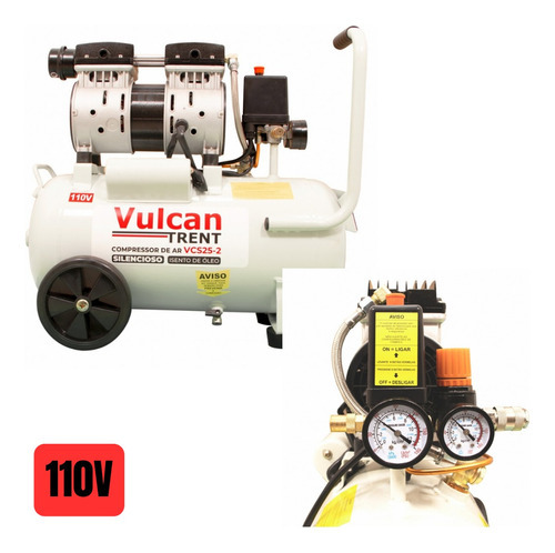 Compressor De Ar 24l Silencioso 1,5 Hp 127v - Vcs25-1 Vulcan Cor Branco 110v