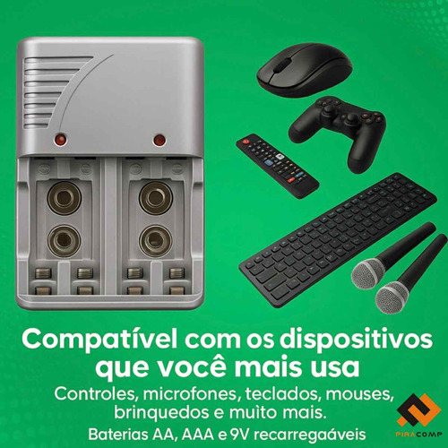 Kit 4 Pilhas Recarregáveis + Carregador Rápido Bivolt Aa/aaa/9v Bateria Com Indicador De Carga Led Piracomp