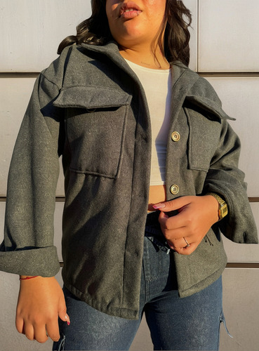 Saco Oversize Mujer Paño Bolsillos Camisa Tapado Urbano