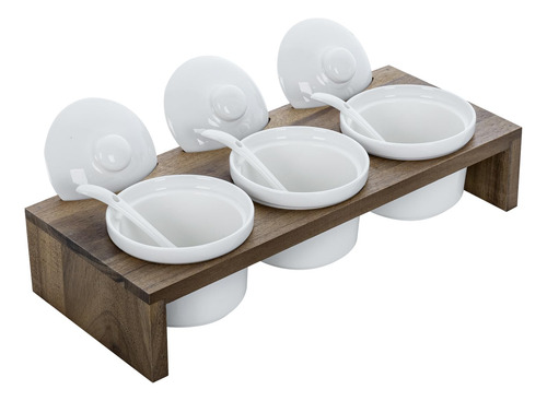 Mygift- Juego De 3 Salseros Ramekines Incluyen Una Charola Madera De Acacia Y Cerámica Blanca