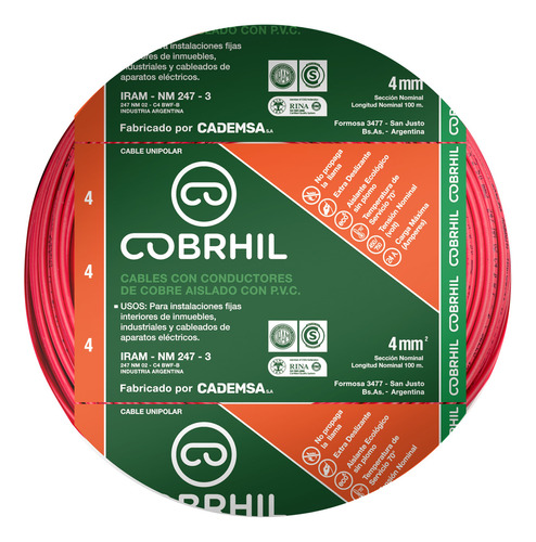 Cable Unipolar Cobrhil 4mm Normalizado Rollo 50 Mts Cubierta Rojo