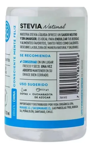 Stevia Liquida 125ml Manare/ Endulzante Sin Calorías