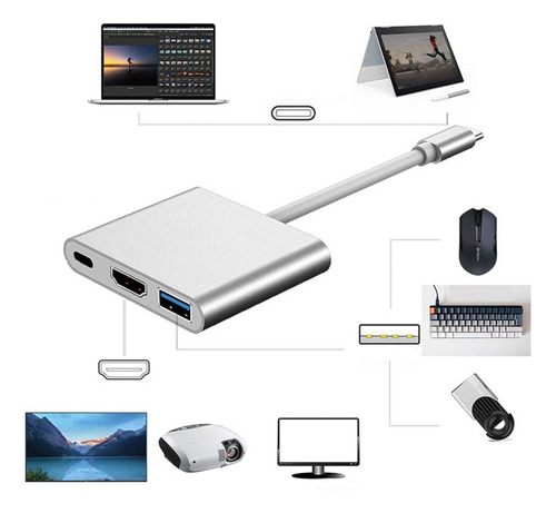 Adaptador Usb C A Hdmi, Multipuerto 3 En 1, Usb Tipo C A 4k