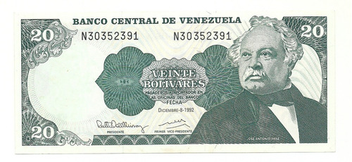 Billetes Bs. 20 N8 Diciembre 8 1992 Au