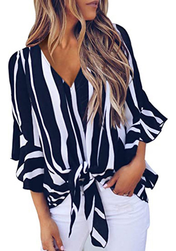Blusa De Chifón A Rayas Con Cuello En V Y Estampado A La Mod