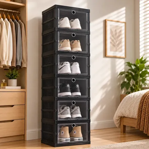 Sapateira Vertical Empilhável 6 Pares Organizador De Calçados Modular Preto Caixa de Tênis Fácil Montagem