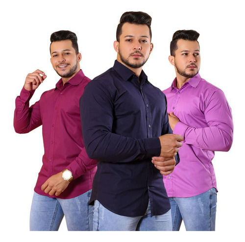 Kit 3 Camisa Social Masculina Manga Longa Slim