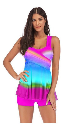 Bikini Degradado Mujer Halter Rainbow Colorido Tankini Set L