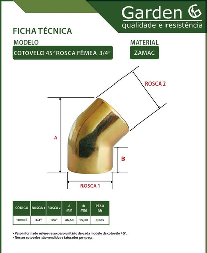 Conexão Cotovelo Joelho 45° Fêmea X Fêmea 3/4 X 3/4 Metal