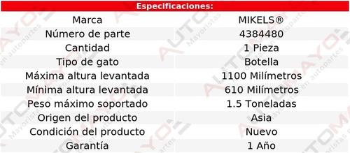 Gato Hidráulico Botella Para Pluma Capacidad 1.5 Ton Mikel's