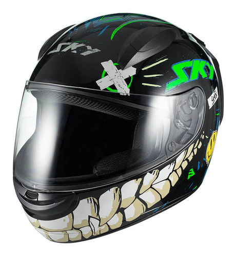 Capacete Sky Two Chaos Preto Brilho Transf Verde Desenho Solid Tamanho do capacete 58