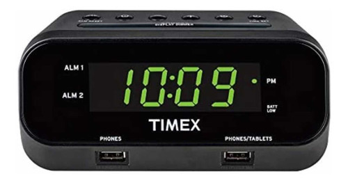 Reloj Despertador Doble Con Carga Usb Dual Timex T129b Color Negro
