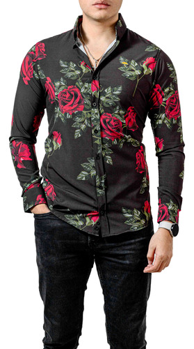 Camisa Hombre Casual Slim Fit Negra Rosas Rojas Moon & Rain