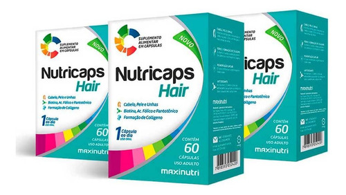 Kit 03 Nutricaps Hair Polivitaminico 60 Capsulas Maxinutri Sabor Sem Sabor