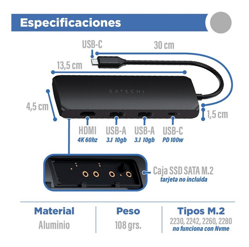 Imagen 5 de 6 de Hub Adaptador Satechi Multiplicador Usb-c A Ssd Hdmi 4k Pc