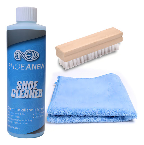 Shoeanew Kit Limpiador Todo Natural, Cepillo Y Paño Para Limpiar Tenis, Lona, Plástico, Malla, Punto Y Más, Azul, Juego De 3 Piezas, 8 Onzas