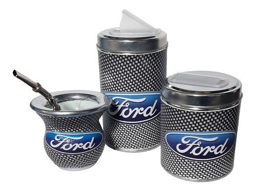 Set Equipo Mate Ford Con Bombilla Yerbero Y Azucarero 