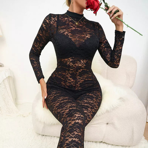 Conjunto De Pijama Sexy Mono De Encaje Transparente Con