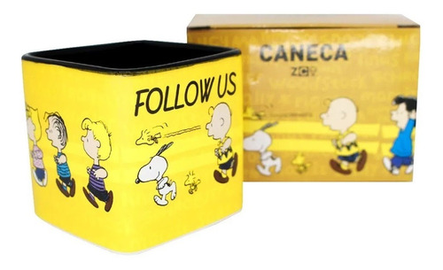 Caneca Snoopy Follow Us De Cerâmica 300ml Quadrada